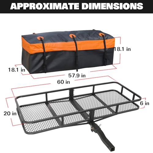 WEIZE Folding Hitch Mount Cargo Carrier Basket 60" x 20" x 6" with Waterproof Bag, Net, Strap, 2-Inch Folding Shank, 500 lbs Capacity Hitch Rack, Steel Construction - size: 60" x 20" x 6"