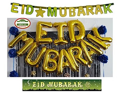 Eid Mubarak Balloon Banner[3 Pc Set] Eid Decoration Gold set Happy Eid Islamic Wall Decor Hilal Islamic Muslim Eid Party Supply Ramadan Decor | Muslim Holiday party set Happy Eid Islamic Gifts 123