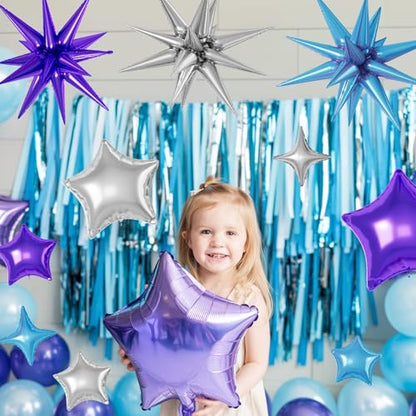 Blue Purple Silver Star Balloons,16Pcs 22/18/10 Inch Foil Galaxy Decor - color: Blue Purple Silver