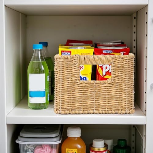 YRMT Rattan Storage Basket Pantry Baskets with Built-in Handles Wicker Baskets for Organizing Waterproof Woven Nature 12" x 8" x6" - size: 12"x8"x6"