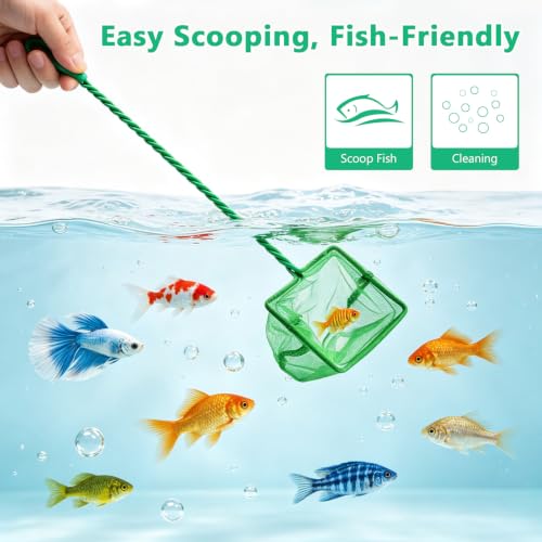 (10.23''L,Net Opening:2.75" x 2.55") Aquarium Fishing Net for Betta Tanks & Small Fish Tanks, Soft Fine Square Mesh, Food Wastes Skimmer for Small Ponds and Pools, Shrimp,Green - color: Green 10.23''