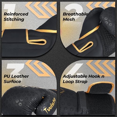 Twisto Boxing Gloves Black Rox - Pro Training & Sparring, Maya Hide Leather, Muay Thai, MMA, Kickboxing, Men, Women, Adults, Heavy Punching Bag, Focus Mitts, Pads,10oz 12oz 14oz 16oz - color: Golden, size: 12 oz