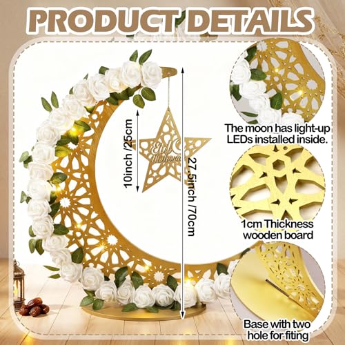 Novabright 27.5 in Eid Mubarak Stand Moon Light Decor LED Large Ramadan Lanterns Decorations Lighted Moon Shaped Wreaths for Muslim Home Office Bedroom Floor Yard Lawn Islamic Outdoor Decor