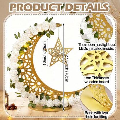 Novabright 27.5 in Eid Mubarak Stand Moon Light Decor LED Large Ramadan Lanterns Decorations Lighted Moon Shaped Wreaths for Muslim Home Office Bedroom Floor Yard Lawn Islamic Outdoor Decor