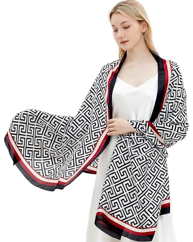 Women Silk Scarves Long Satin Lightweight Outdoor Shawl Wraps Printed Head Scarf 70''X35'' - color: 108-black/White