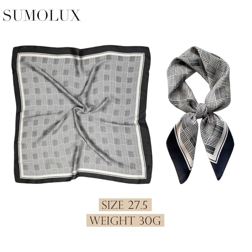 Sumolux Head Hair Scarf for Women Like Satin Silk Scarf Bandana Hair Wrapping Night Large Square Scarves 27.5" - color: Black Plaid Stripes
