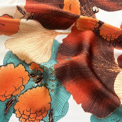 FONYVE Silk Feeling Scarf Medium Square Satin Head Scarf for Women 27.5 × 27.5 inches - color: 03 Orange & Brown Flowers