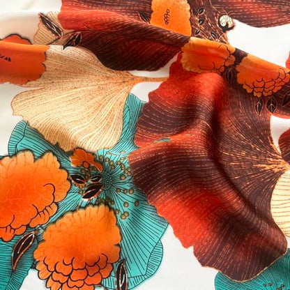 FONYVE Silk Feeling Scarf Medium Square Satin Head Scarf for Women 27.5 × 27.5 inches - color: 03 Orange & Brown Flowers