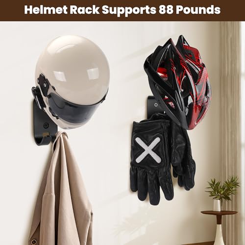 Motorcycle Helmet Holder Wall Mount - Solid Wood & Steel 1 Pack | Gear Organizer Rack with 2 Hooks, Heavy Duty Display Hanger for Helmets, Football Gear, Ski Equipment, Hats, Jackets