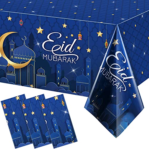 Tiamon 3 Pieces Eid Mubarak Tablecloth Plastic Ramadan Table Cover Decorations Rectangular Eid Mubarak Table Cloths Eid Mubarak Party Supplies Favors for Ramadan and Eid, 54 x 108 Inch(Blue)