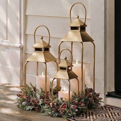 20" 16" 12" Farmhouse Metal Lanterns, Arched Handle Candle Holder for Porch - color: Gold, size: 20" / 16" / 12"