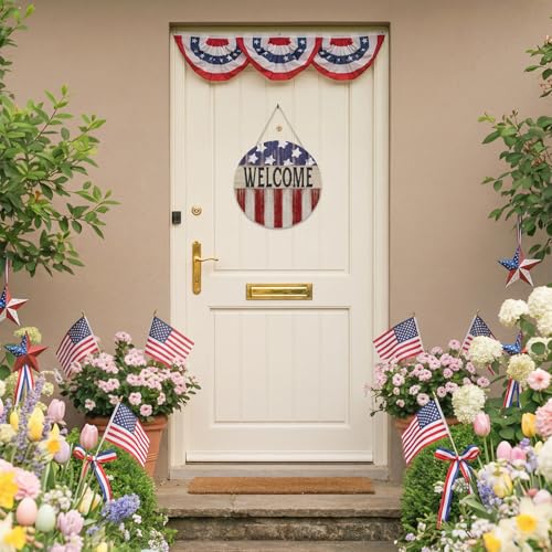Smile Patriotic American Flag Welcome Wooden Round Door Hanger, 4th of July Front Door Sign for Independence Day & Memorial Day Decor - style: Flag Welcome