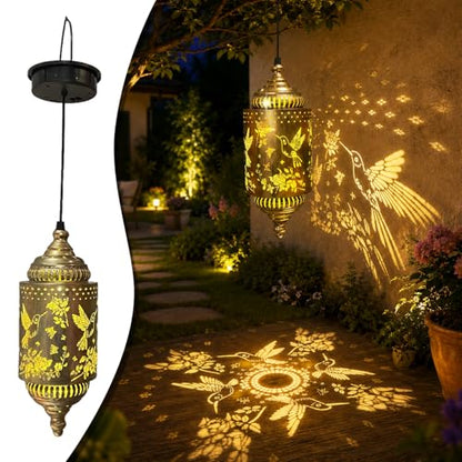 2 Pack Solar Hummingbird Hanging Lantern for Patio, Porch & Garden Decor | Casts beautiful hummingbird patterns, waterproof outdoor lanterns and thoughtful gardening gifts for women. - style: Hummingbird