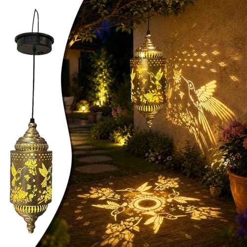 2 Pack Solar Hummingbird Hanging Lantern for Patio, Porch & Garden Decor | Casts beautiful hummingbird patterns, waterproof outdoor lanterns and thoughtful gardening gifts for women. - style: Hummingbird
