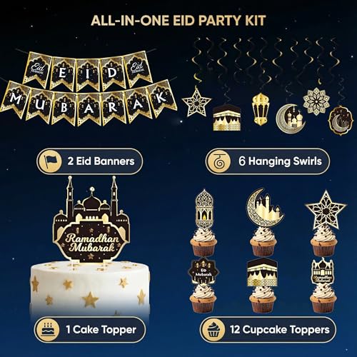 Eid Mubarak Decorations Set - Black and Gold Ramadan Party Supplies including Banner, Balloons for Muslim Islamic Eid Al-Fitr Home Wall Decor (gold) (Black & Gold)