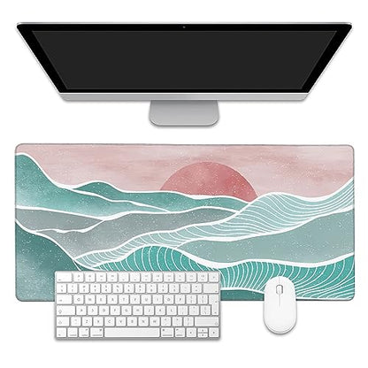 Ocean Wave and Mountain Large Gaming Mouse Pad,Waterproof Desk Mat for Desktop,Non-Slip Rubber Base Mousepad with Stitched Edges for Laptop Office and Home 35.4X15.7 Inch - color: Ocean Wave and Mountain