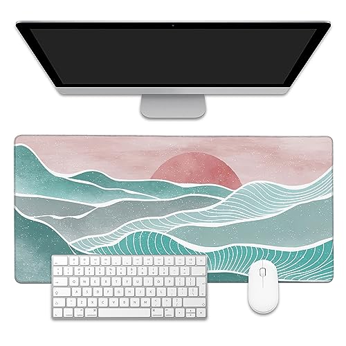 Ocean Wave and Mountain Large Gaming Mouse Pad,Waterproof Desk Mat for Desktop,Non-Slip Rubber Base Mousepad with Stitched Edges for Laptop Office and Home 35.4X15.7 Inch - color: Ocean Wave and Mountain