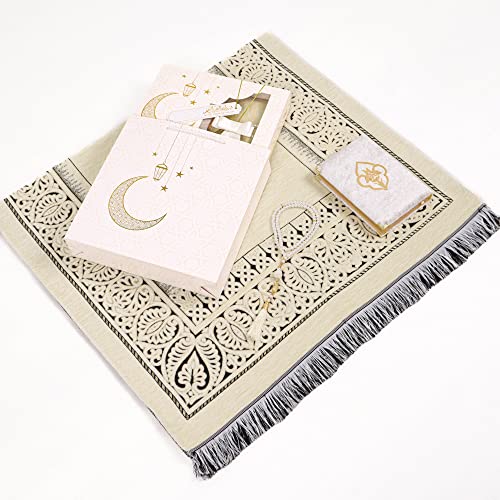 IEF Muslim Prayer Rug Islamic Prayer Mat Quran Prayer Beads Gift Set, Ramadan Eid Gifts, Birthday Gifts for Women, Mothers Day Gifts, Velvet Prayer Rug Arabic Quran Pearl Tasbeeh - color: Beige with Bag