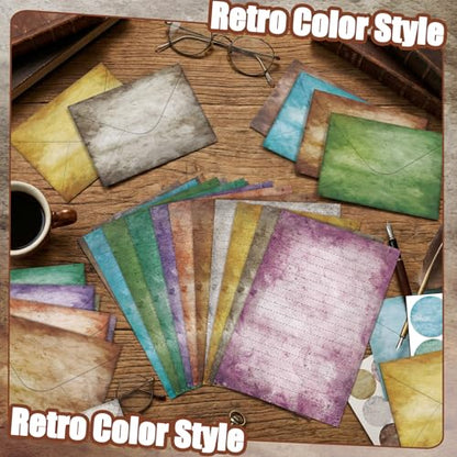 TaoBary 160 Pcs Stationery Paper Set 50 Double Sided Stationery Papers with 50 Matching Envelopes and 60 Round Dot Sticker, 10 Design (Vintage,8.25 x 5.5 Inch) - size: 8.25 x 5.5 Inch, style: Vintage