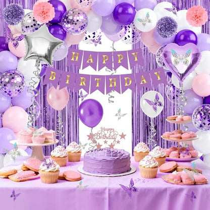 Purple birthday party decorations balloons kit for Women Girls, Balloons,Silver Foil Balloons,Fringe Curtains Happy Birthday Banner Paper Pompoms 3D Butterfly Cake Topper Party Supplies - style: Purple