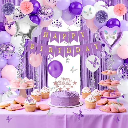 Purple birthday party decorations balloons kit for Women Girls, Balloons,Silver Foil Balloons,Fringe Curtains Happy Birthday Banner Paper Pompoms 3D Butterfly Cake Topper Party Supplies - style: Purple
