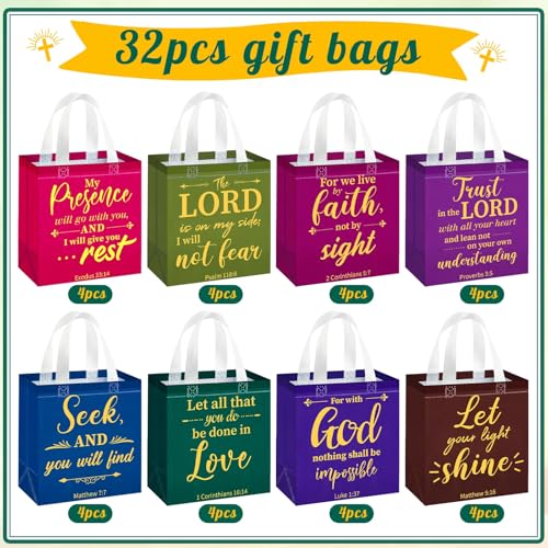 HunnmingRe Christian Gift Bags Bulk, Reusable Flower Religious Bible Verse Tote with Handles Non Woven Scripture Pastor Blessing Gift for Baptism Church Wedding Favors(32 Pcs,Mixed) - style: Mixed