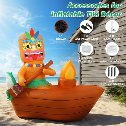 Lewondr 5.25FT Inflatable Tiki Luau Decor, Boat Luau Party Decorations, Blow up Hawaiian Outdoor Decorations with 6 LED Lights, Summer Outdoor Inflatables for Tropical Pool Beach Yard Lawn - style: Boat