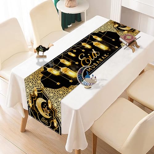 Fengrise Eid Mubarak Table Runner - Black Gold Ramadan Kareem Decorations for Home 2026, Star Moon and Lantern Pattern, Eid Al-Fitr Table Cloth,Islamic Decorations Supplies for Kitchen Indoor (13x72) - color: Black Gold