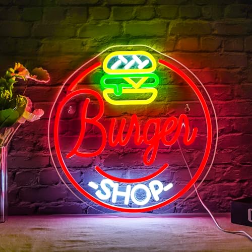 WLHOPE Hamburger Shop Neon Sign Hamburger Neon Signs for Wall Decor Hamburger Neon Lights LED Light Up Sign for Hamburger Shop,Bar,Restaurant,Food Shop,Pub Decoration - color: Hamburger Shop