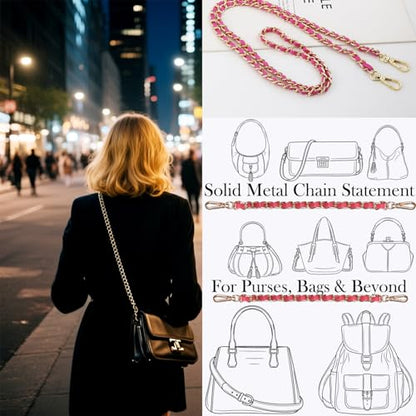 2 Pcs Purse Chain Strap, 47" Gold Chain with Leather, Crossbody Bag Replacement Straps,Handbag Chain for Shoulder Bags - color: Rose