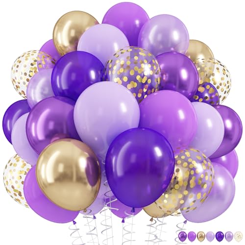 Pastel Purple Gold Balloons Set, 60Pcs 12 Inch Light Macaron Metallic Dark Purple Lavender Balloon with Gold Confetti Latex Balloons for Graduation Birthday Wedding Baby Bridal Shower Party Decoration - color: Purple Gold, size: 12 inch 60pcs