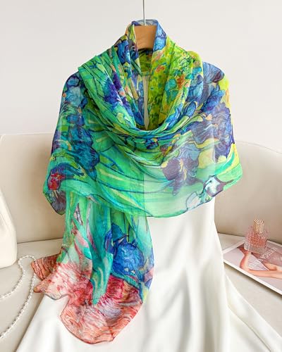 100% Mulberry Silk Scarf for Women, 69'' x 43'' Lightweight Large Silk Chiffon Shawl Wraps Floral Neck Scarf Gift - color: Green Irises -Van Gogh Oil Painting