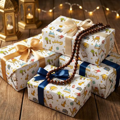 GIOLNIAY Ramadan Wrapping Paper - Eid Gift Wrap with Islamic Lanterns, Camels, Crescent Moon, Mosques and Arabic Ramadan Lettering - 4 Jumbo Sheets, 28" x 40" Each, Easy to Store