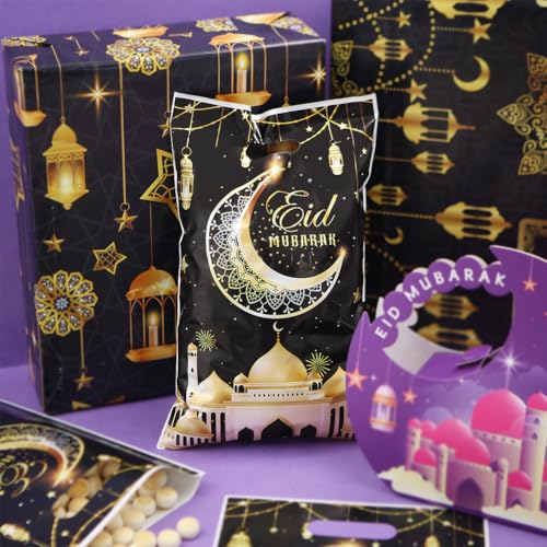 Eid Mubarak Gift Bags with Die Cut Handles, 50pcs - Gold Muslim Mosque Moon Stars Lantern Print Ramadan Theme Black Goodie Candy Snack Plastic Bags Pouch for Muslim Islamic Diwali Party Favor Kids Gifts