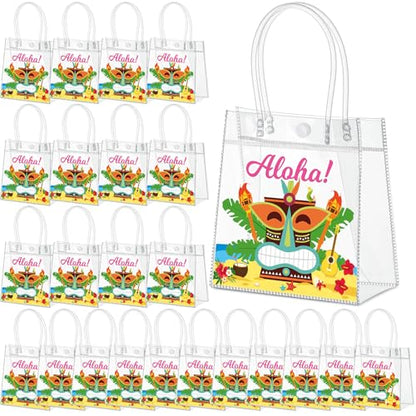 Aliceset 24 Pcs Hawaiian Luau Party Favor Bags Transparent PVC Aloha Tiki Goodie Bags with Handles Reusable Waterproof Candy Totes for Tropical Beach Summer Party Supplies, 6.31" x 5.91" x 3.15" - style: Aloha