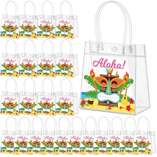 Aliceset 24 Pcs Hawaiian Luau Party Favor Bags Transparent PVC Aloha Tiki Goodie Bags with Handles Reusable Waterproof Candy Totes for Tropical Beach Summer Party Supplies, 6.31" x 5.91" x 3.15" - style: Aloha