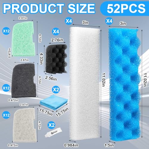 Threlaco 52 Pcs Replacement Filter Media Kit Compatible with Fluval 406/407 Aquarium Filters Include 12 Biological Foams Ammonia Remover Phosphate Pads Nitrite Remover, Towel and Grease - style: 406/407