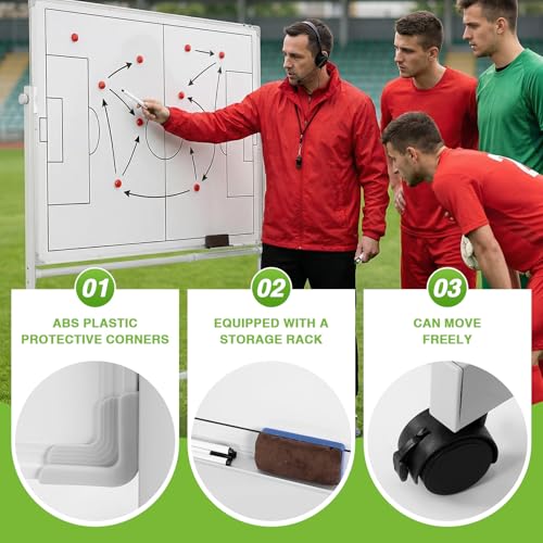 Double-Sided Soccer Coaching Board Height Adjustable Dry Erase Whiteboard with Wheels 360 Degree Reversible Soccer Tactics Board with Magnets Pen & Eraser for Teaching Training - color: Football