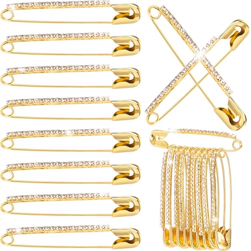 10pcs Rhinestone Safety Pins, Sparkly Rhinestone Decorative Pins for Clothing, Classic Crystal Brooch for Scarf Shawl Jeans Sweaters Dresses- Gold - color: Gold-10pcs