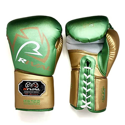 RIVAL Boxing RS100 Professional Lace-Up Sparring Gloves, Handcrafted with Super-Rich Microfiber PU, Ergonomically Designed to Perfectly Fit Your Hand - color: Green/Gold, size: 14 oz.