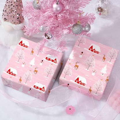 Cuitpan Pink Christmas Wrapping Paper - Xmas Gift Wrap with Snowy Houses, Reindeer, Snowmen & Trees Design - Perfect for Kids & Adults Gift Wrapping - 40×28 Inches, 4 Folded Sheets - color: Christmas-House