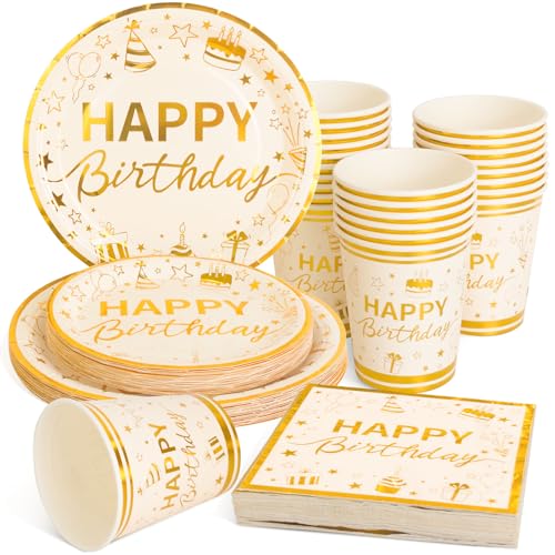 100 Pcs Gold Birthday Plates and Napkins Party Supplies with Golden Happy Birthday Party Dinnerware Set, Gold Birthday Paper Plates, Napkins and Cups for 25 Guests
