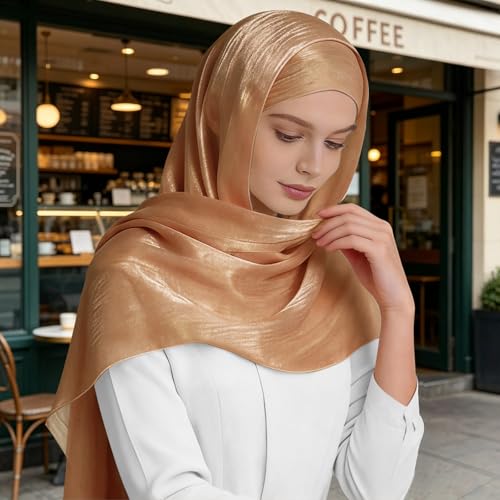 Premium Hijab Head Scarf for Women Lightweight Shimmer Hijab Head Wrap Scarves Crepe Satin Scarf Shawl Wrap - color: Bronze