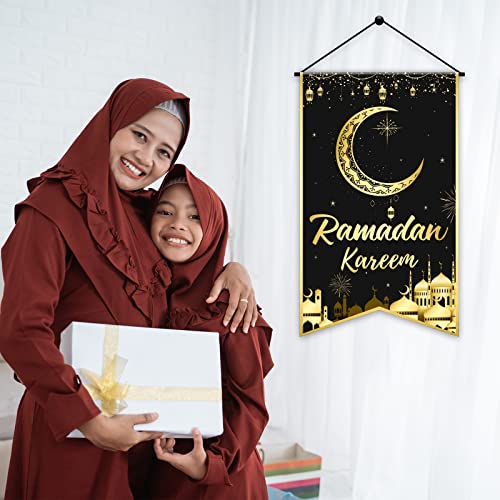 Tevxj Ramadan Mubarak Hanging Door Sign Ramadan Kareem Party Decorations Decorative Black Gold Moon Lantern Hanging Sign Banner for Ramadan Eid Mubarak Home Decor Ramadan Eid Party Supplies Favor - style: Ramadan Kareem