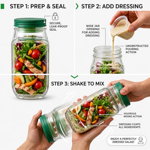 Salad Pod 34oz, Portable Salad Container with Leakproof Dressing Cup, Side Opening & Premium Stainless Steel Cutlery, BPA-Free Meal Prep Lunch Box for Office, Gym & Travel