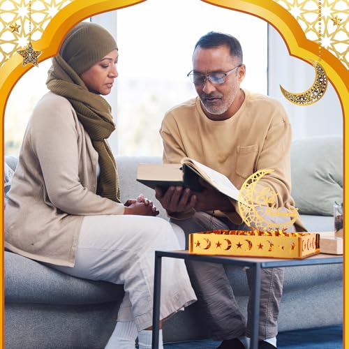 DoubleFill Ramadan Serving Tray Gold Eid Mubarak Holder Al-fitr Home Decoration for Moon Star Tray Gold Container for Home Islamic Muslim Party Tableware Kitchen Dessert Food Storage(Eid Mubarak) - style: Eid Mubarak
