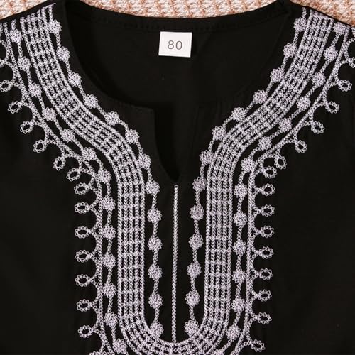 Kids Muslim Short Sleeve Thobe Islamic Boys Lace Embroidery Kaftan Thobes Toddler Soft Abaya Prayer Pullover Clothes - color: Black, size: 18-24 Months