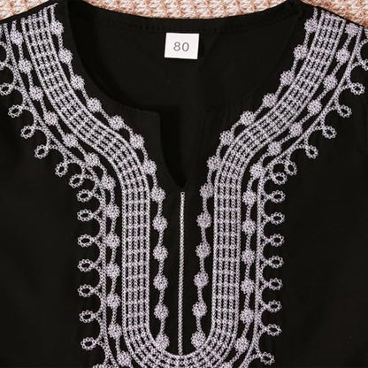 Kids Muslim Short Sleeve Thobe Islamic Boys Lace Embroidery Kaftan Thobes Toddler Soft Abaya Prayer Pullover Clothes - color: Black, size: 18-24 Months