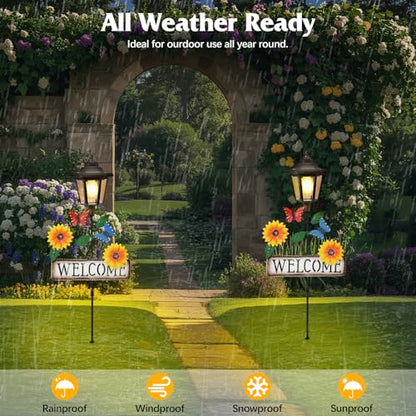 Lewondr Solar Garden Lights Butterfly, 37.4 Inch Solar Lamp Post Light with Welcome Sign & Butterflies, Outdoor Waterproof Solar Stake Lights for Yard Porch Patio Pathway Gardening Gifts, 2 Pack - style: Yellow Flowers & Butterflies
