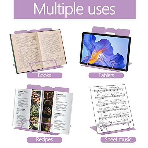 Metal Book Stand Adjustable Book Holder for Reading | Portable & Sturdy For Textbooks Cookbooks Sheet Music Papers Study - color: Full Purple